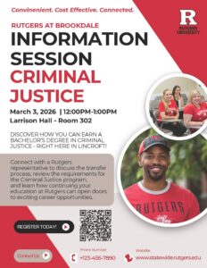 Rutgers at Brookdale Criminal Justice info session flyer describing the event with images of students.