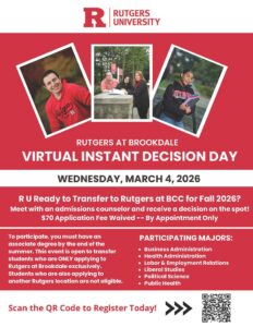 Rutgers at Brookdale Virtual Instant Decision Day flyer with information about the event and images of students.