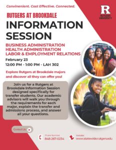 Rutgers at Brookdale Flyer for Business Administration, Health Administration, Labor & Employment Relations.