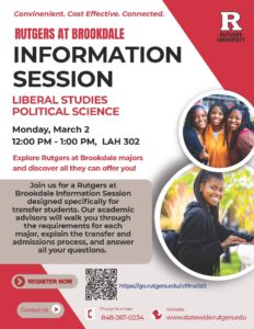 Rutgers at Brookdale Liberal Studies and Political Science info session flyer describing the event.