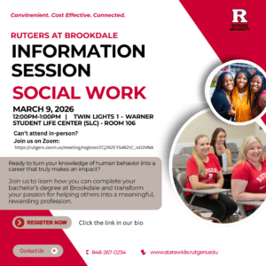 Rutgers at Brookdale Social Work info session flyer describing the event with students on the flyer.