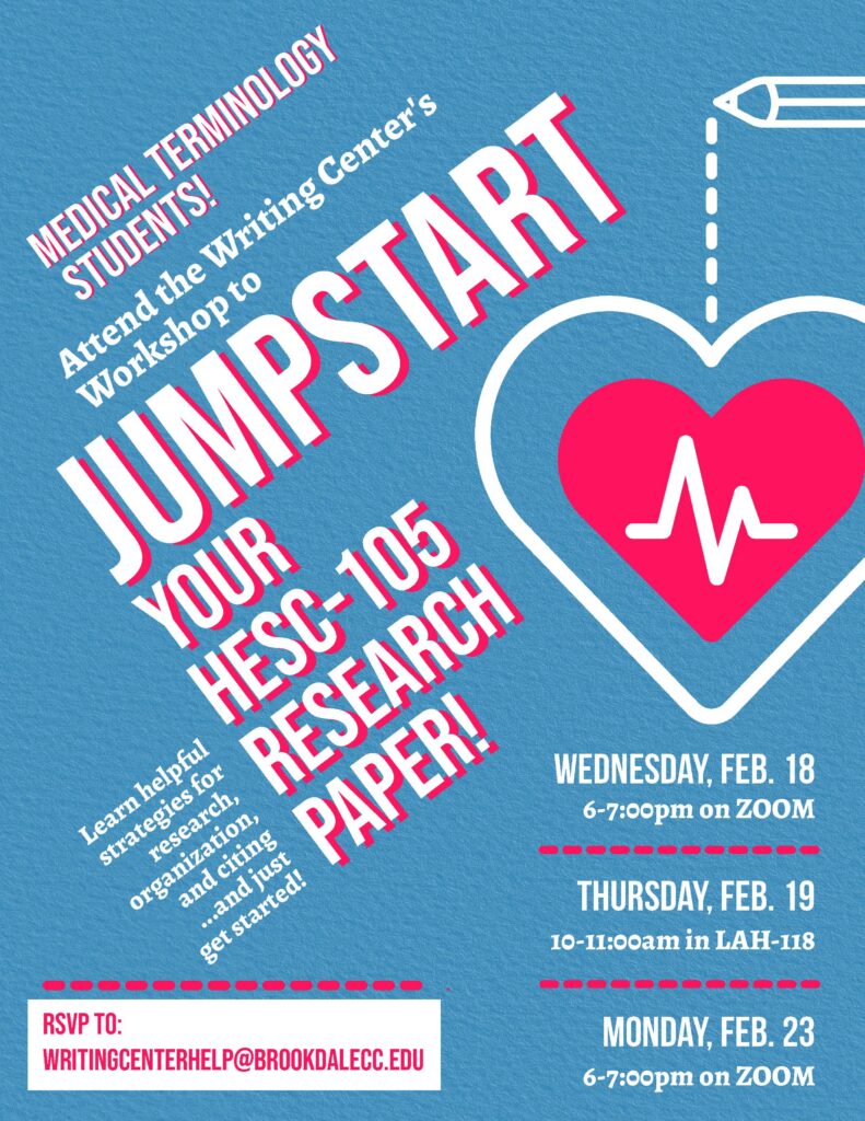 Medical Terminology (HESC-105) students are invited to attend the Writing Center's workshop to get a JUMP-START on the course's research paper! The session will cover strategies for compiling research, organizing ideas, crediting sources, and more! Most of all, it's a great feeling to JUST GET STARTED.<br /> Students can join any of THREE sessions:<br /> Wednesday, February 18 - 6-7:00pm on Zoom<br /> Thursday, February 19 - 10-11:00am in Larrison Hall Rm. 118<br /> Monday. February 23 - 6-7:00pm on Zoom<br /> PLEASE RSVP to writingcenterhelp@brookdalecc.edu