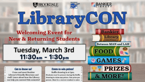 LibraryCON flyer. Welcoming event for New and Returning Students.
