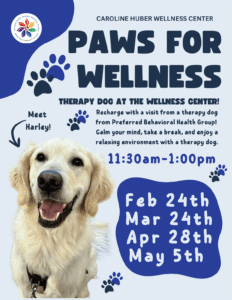 Paws for Wellness event flyer describing the event with Harley the therapy dog.