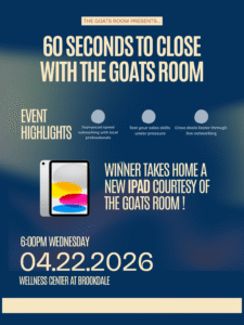 60 Seconds to Close with the GOATS Room event flyer describing the event.