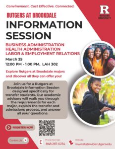 Rutgers at Brookdale Business Administration, Health Administration and Labor & Employment Relations Info Session flyer describing the event with images of students.