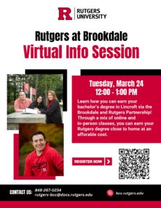 Rutgers at Brookdale virtual info session flyer describing the event with images of students.