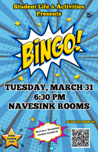 SLA Bingo
3/31
6:30pm
SLC Navesink Rooms
Brookdale Students with Valid ID
Scan the QR code to sign up