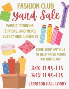 Fashion Yard Sale Flyer with images of fashion items fabric, ribbons, and zippers.