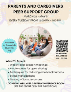 Parents and Caregivers Peer Support Group flyer describing the event with a picture of people sitting in a circle.