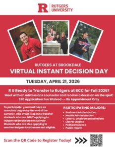 Rutgers at Brookdale Virtual Instant Decision Day flyer describing the event with images of students on it.