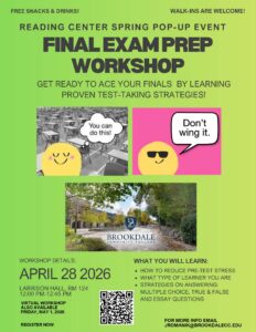 Final Exam Prep Workshop event flyer describing the event.