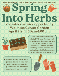 Spring Into Herbs Event Flyer describing the event with images of gardening equipment and plants.