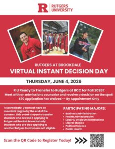Rutgers at Brookdale Virtual Instant Decision Day event flyer describing the event with images of students on it.