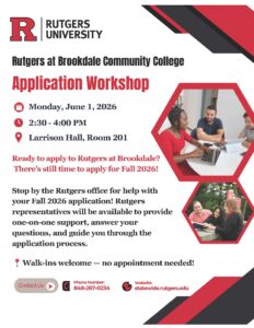 Rutgers at Brookdale Application Workshop flyer describing the event with images of students on it.