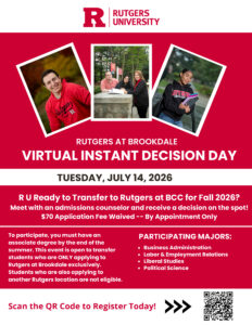 Rutgers at Brookdale Virtual Instant Decision Day event flyer describing the event with images of students on it.