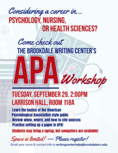 Writing Center's APA Workshop flyer with information about the event.