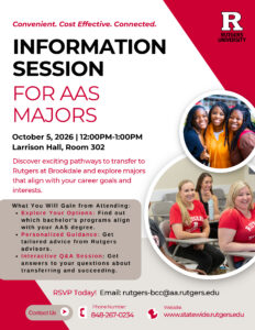 Rutgers at Brookdale Transfer Info Session for AAS Majors event flyer with information about the event and images of students.