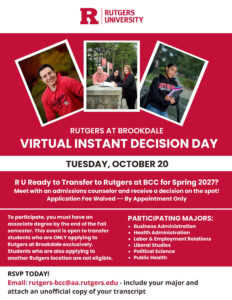 Rutgers-Brookdale Virtual Instant Decision Day event flyer describing the event with images of students on it.