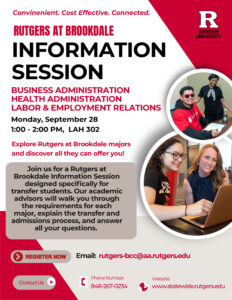 Rutgers at Brookdale Info Session flyer with photos of students and information about the event.