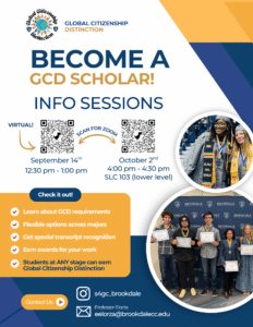 Become a GCD Scholar! Info Sessions flyer with info about the events.