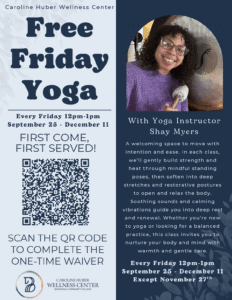 Free Friday Yoga Flyer with information about the event.
