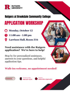Rutgers at Brookdale Application Workshop event flyer with information about the event and images of students on it.