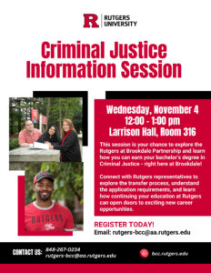 Rutgers at Brookdale Criminal Justice Info Session event flyer with information about the event and images of students on it.