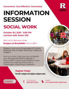 Rutgers at Brookdale Social Work Info Session event flyer with information about the event and images of students on it.