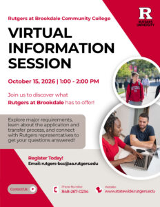Rutgers at Brookdale Virtual Info Session event flyer with information about the event and images of students on it.