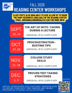 Procrastination-Busting Tips Workshop Flyer with information about this event and future events by the Reading Center.