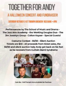 Together For Andy Fundraiser event flyer with information about the fundraiser and images of people.