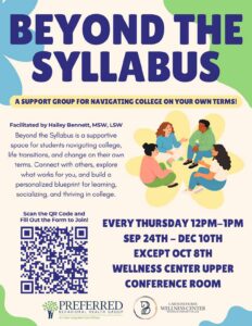 Beyond the Syllabus event flyer with information about the event and drawn images of students on it.